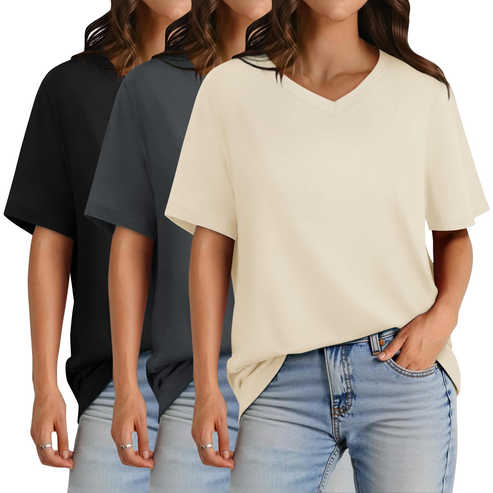 GAYHAY 3 Pack V Neck T Shirts for Women - Casual Loose Fit Spring Summer Tops Trendy Soft Short Sleeve Basics Tees 2025 Black-Off White-Grey XX-Large