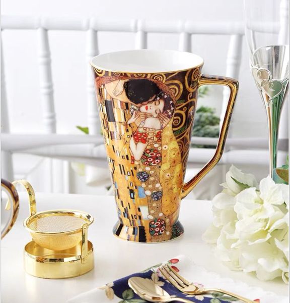 Porcelain Coffee Mug Klimt Kiss Cafe Tea Milk Cups Bone China Water Coffee Cup and saucer Birthday Gift Mug with lid Drinkware