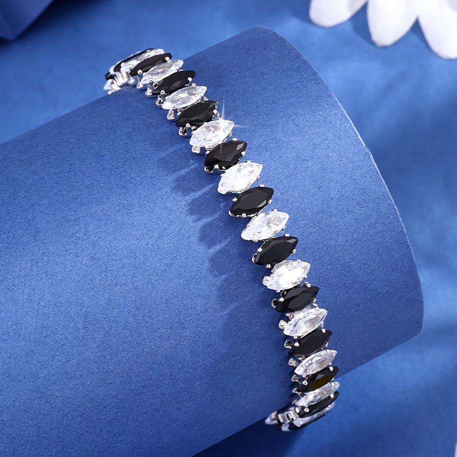 TEMU Elegant French-inspired Open Cuff Bracelet With Black & Clear Zirconia – For Casual Attire, Graduation Gifts, Or Teacher Appreciation