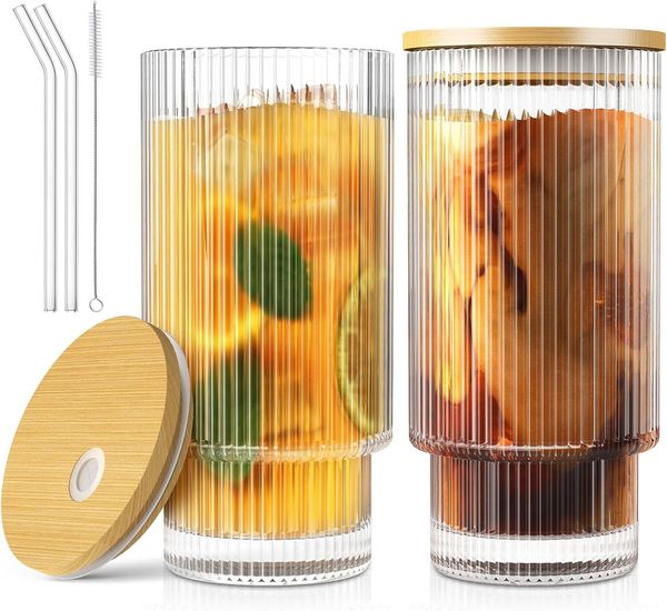 (approximately 453.6 grams) lidded glass, ribbed glassware, whiskey tail beer, iced coffee cup lid, glass with straw and lid (2-piece set)