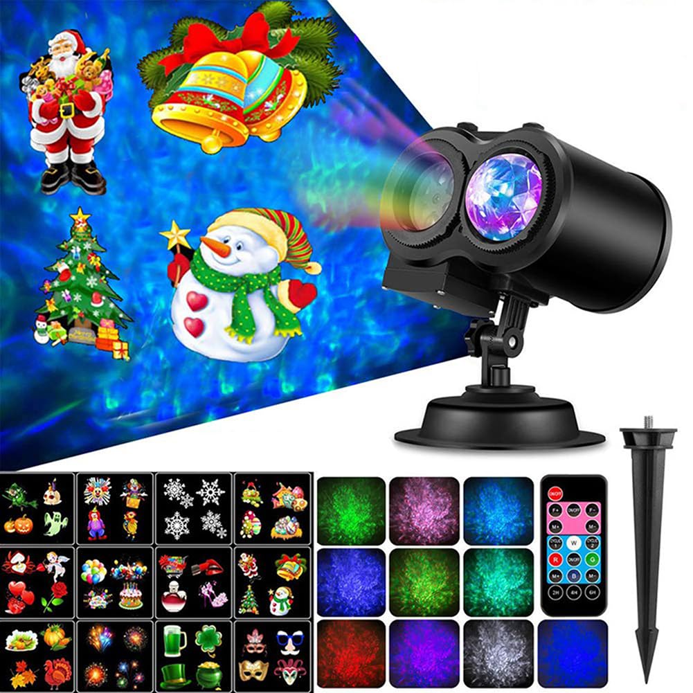 Garvee Christmas Projector Lights with 12 Slides Remote Control Outdoor Waterproof Double Tubes LED Projector for Halloween Christmas Birthday Parties
