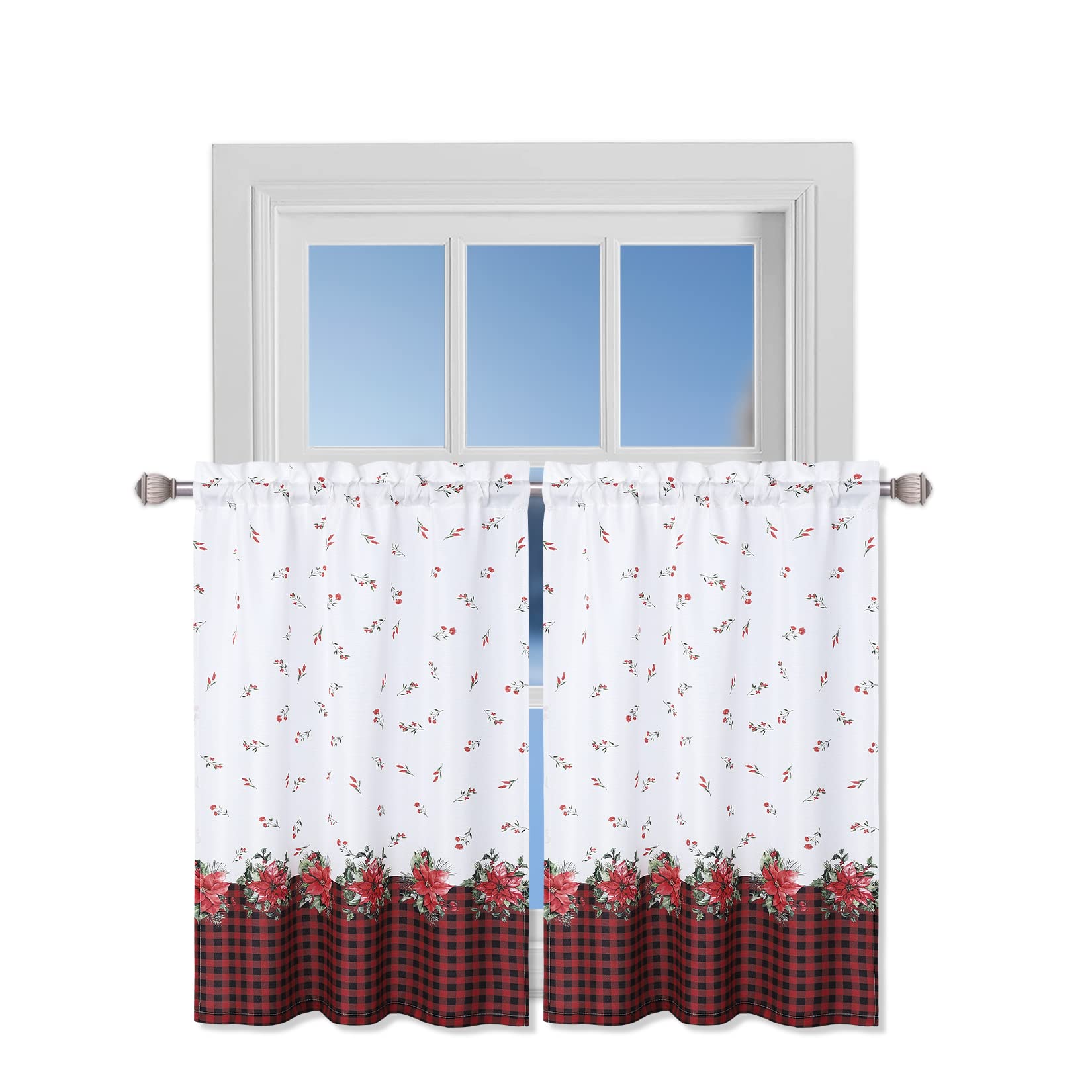 Garvee Set of 2 Christmas Kitchen Curtains Buffalo Plaid Red and Black with Floral Decorations Window Curtains for Living Room Bedroom Decor Washable 