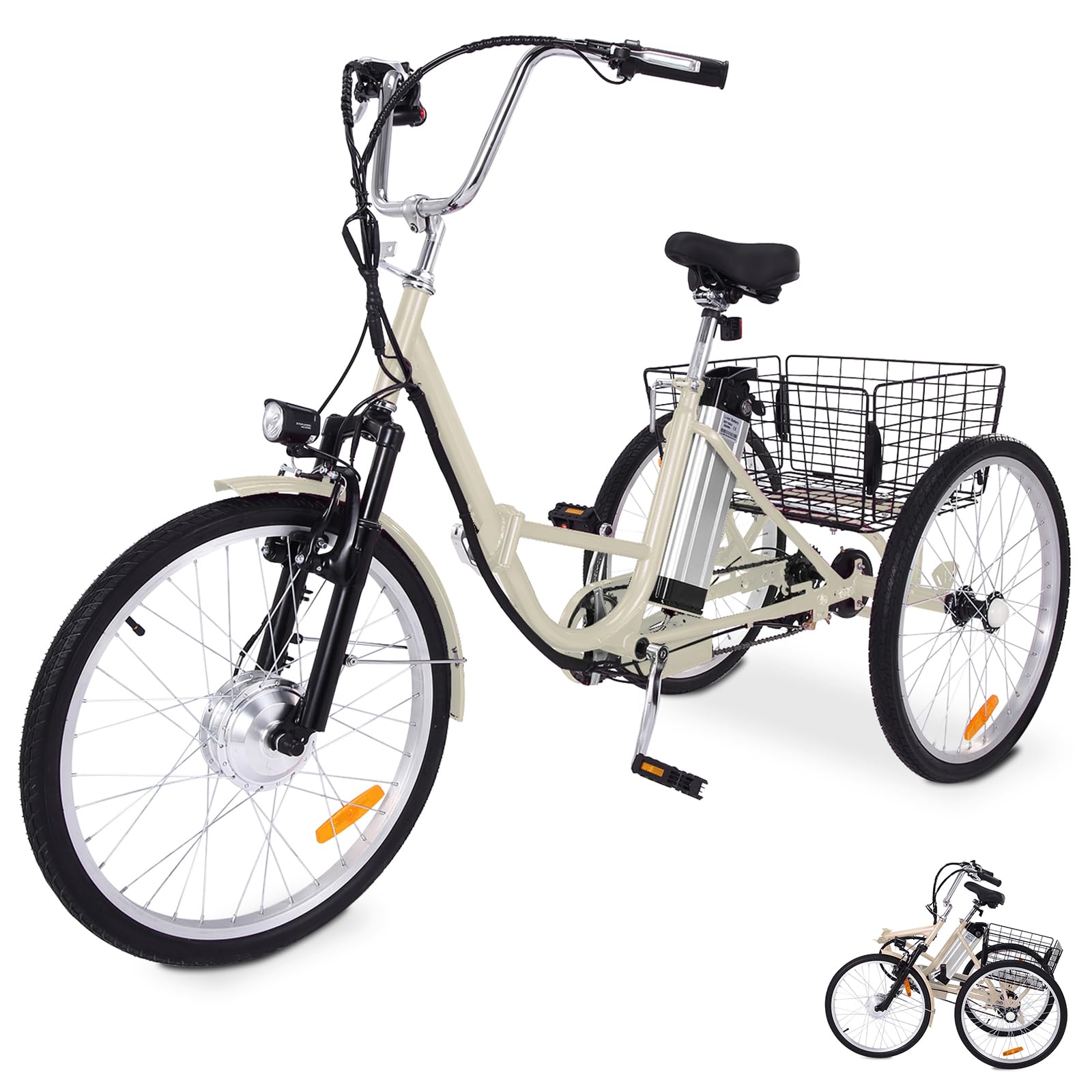Garvee 24 Inch Adult 3 Wheel Electric Tricycle with Basket, Fat Tires,7 Speeds,350W Powerful Motor, 36V 10Ah Removable Battery - Beige