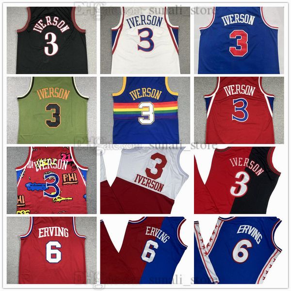 Allen Iverson Basketball Jerseys Allen 3 Iverson Team Blue White Red Navy Julius 6 Erving Retro Mesh Sports Shirts Stitched Embroidery Top Q