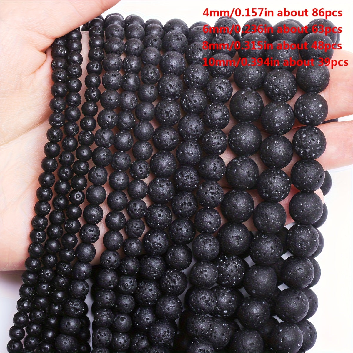 TEMU 1 String 4-6-8-10mm Natural Stone Round Spacer Beads - Black Polished Glossy Loose Beads For Making, Necklaces, Bracelets, Earrings - Durable