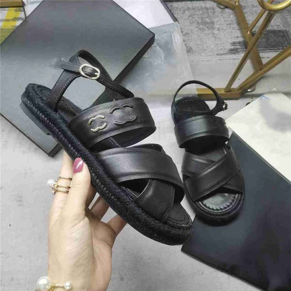 chanalShoes Design Sandals Fashion Luxury Women High Heels Leather Cross Lace Up Student Casual Slippers 014-04