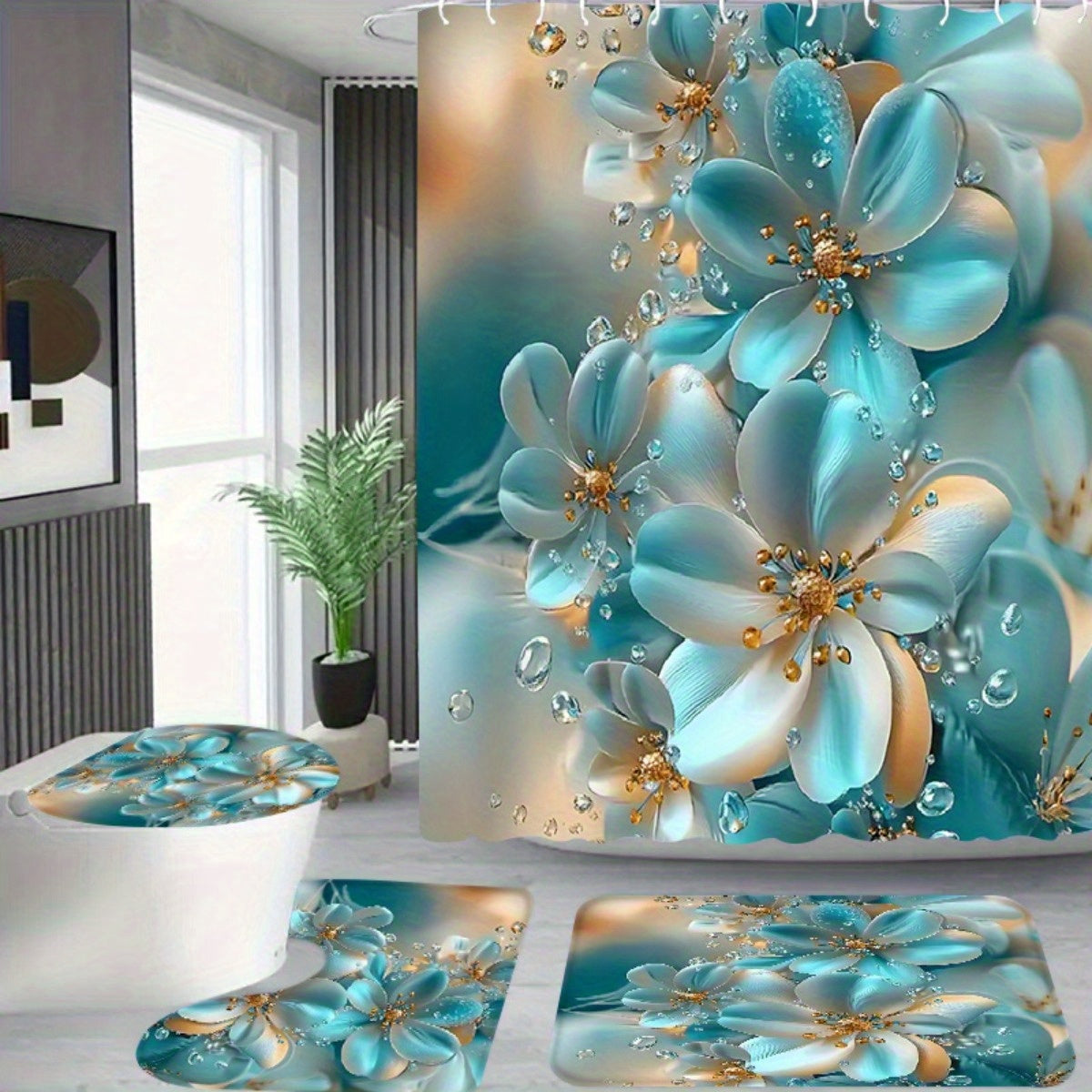 TEMU 1pc-4pcs Elegant Blue And White Floral Pattern, Apartment Bathroom Shower Curtain, Hotel Shower Curtain Set With 12 Hooks, Bath Mat, Toilet Seat