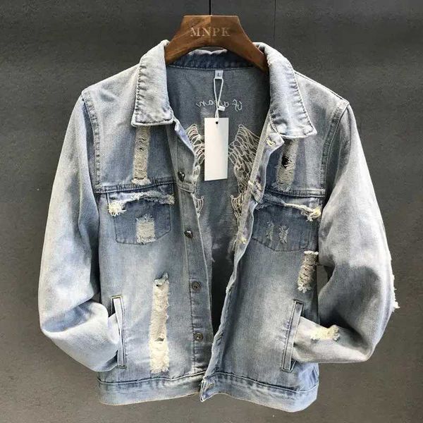 Men&#039;s Jackets Denim Man Autumn Light Ripped with Hole Oversize Embroidery Cow Coat for Men Korea Outwear Aesthetic Winter Outerwear H24