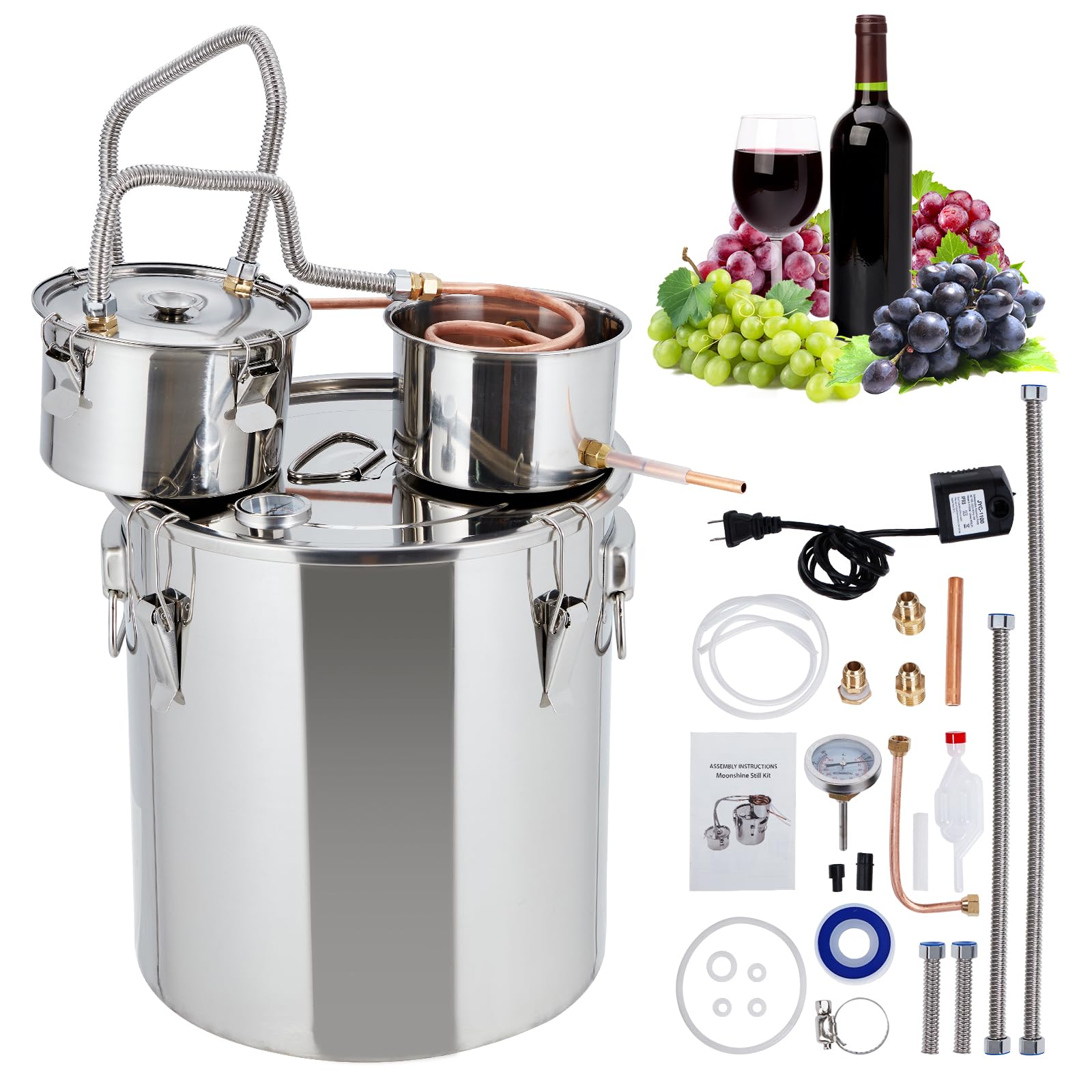 Garvee10Gal(3 Pots) Alcohol Distiller, Stainless Steel Kit with Copper Tube-Circulating Pump for Home Brewing Whisky, Wine, Brandy