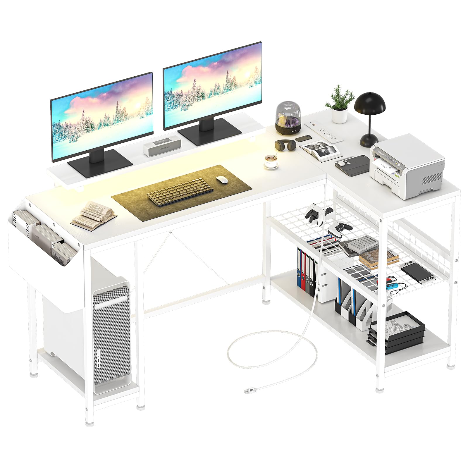 Garvee L Shaped Computer Desk with RGB LED Lights, Power Outlets, Reversible Design, MDF Board, Storage Shelves, Monitor Stand, Home Office & Gaming