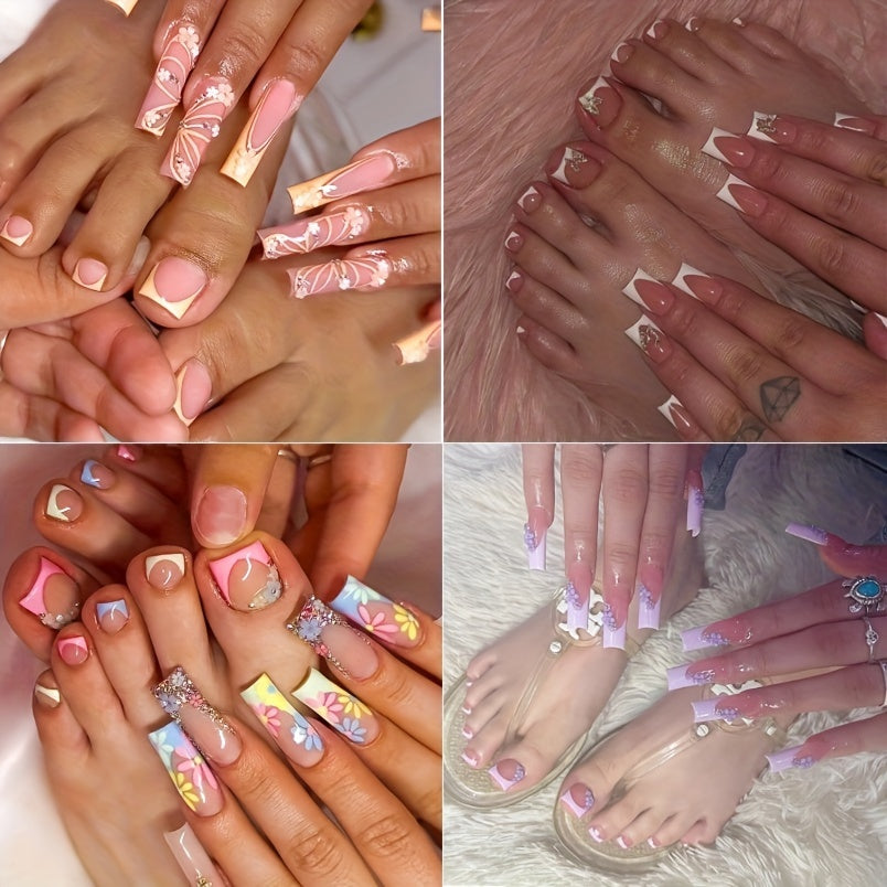 TEMU 192-piece Press On Nail Set With Jelly Glue & Nail File - Mixed , Square Shape, Long Length, Colorblock Pattern, Glossy Finishperfect Gift For