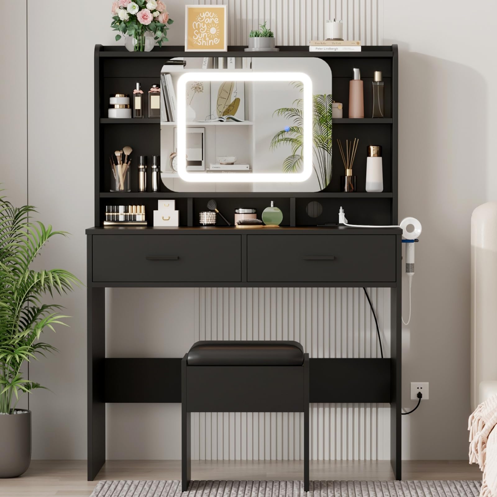 Garvee Vanity Desk with Sliding Mirror, Makeup Desk and Stool with Lights in 3 Colors, Girls Vanity Table with Charging Station, 2 Drawers & Storage S