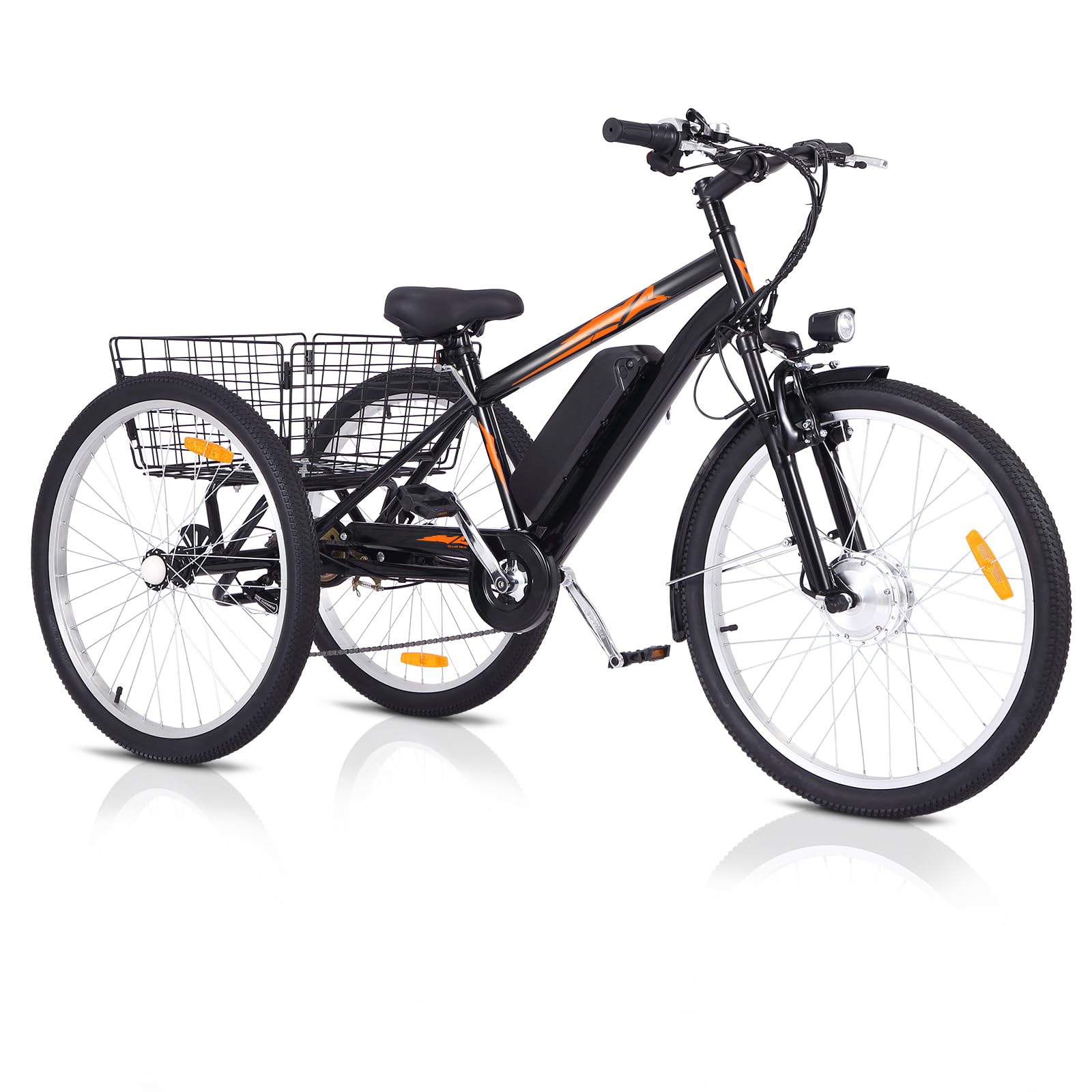 Garvee Adult 3-Wheel Electric Bike, 7-Speed Electric Trike with Basket - Black Orange - 26 inch Wheel