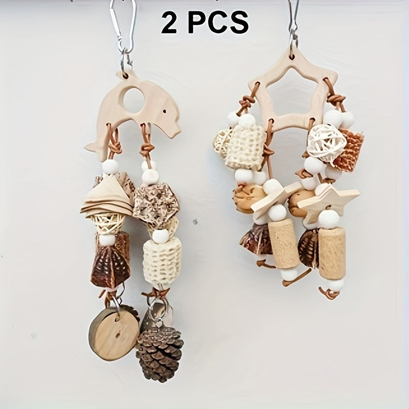 TEMU 2pcs Wooden Parrot Chew Toys - Dolphin & Star-shaped Bird Cage Accessories With Pine Cones And Corn For Beak Health, Natural Playthings