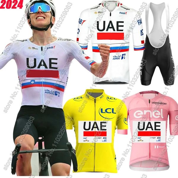 Pink UAE Team Cycling Jersey Set Short Sleeve Tour Italy Pogacar Mens Clothing Road Bike Shirts Suit Bicycle Bib Shorts MTB 240711