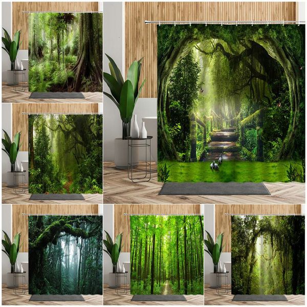 Shower Curtains 3D Tropical Forest Natural Scenery Waterproof Shower Curtain Green Trees Moss Deep Forest Bathroom Partition Screen Bath Cur