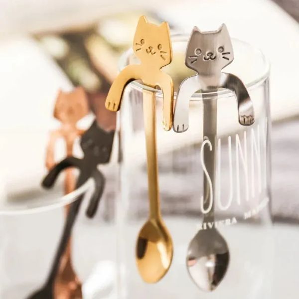 Stainless Steel Coffee Tea Mini Cat Long Handle Creative Spoon Drinking Tools Kitchen Gadget Flatware Tableware Wholesale