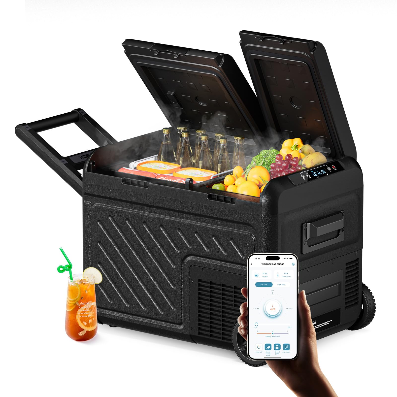 WOLFBOX 12V Car Refrigerator, 39 Quart Dual Zone Car Fridge, Portable Freezer(-8℉~68℉) with 12-24V DC 100-240V AC, APP Control Electric Cooler for