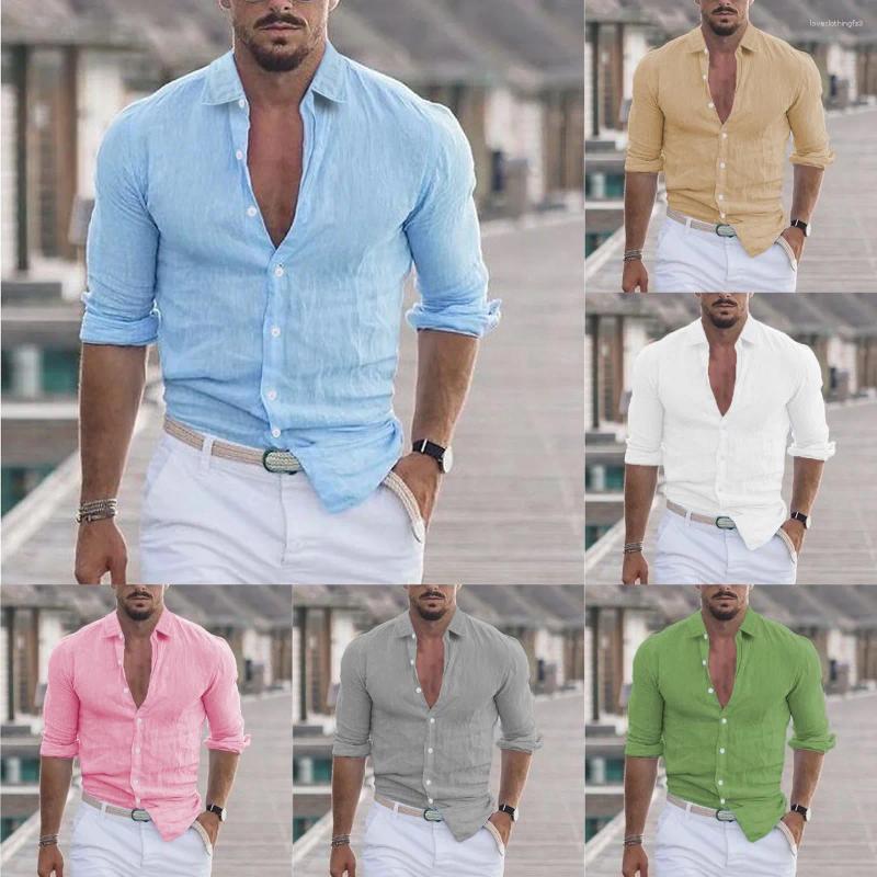 Men&#039;s Casual Shirts Men Turn-down Collar Solid Color Long Sleeves Loose Spring Autumn Style Plus Size