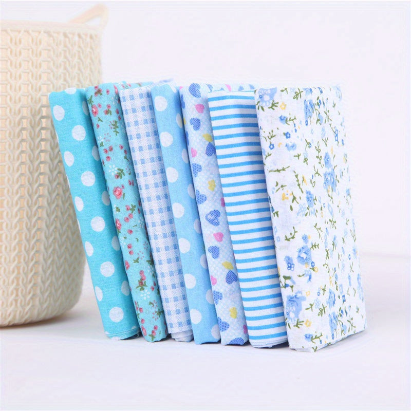 TEMU 7pcs Blue Floral & Polka Dot Craft Fabric Bundle - 9. 8" X 9. 8" Squares For Diy Sewing, Scrapbooking, And Quilting, Hand Wash Only, Sewing