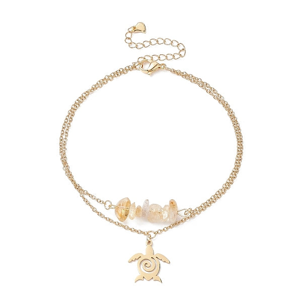 Natural Citrine Chips Beaded & Turtle Charms Double Layer Multi-strand Bracelet