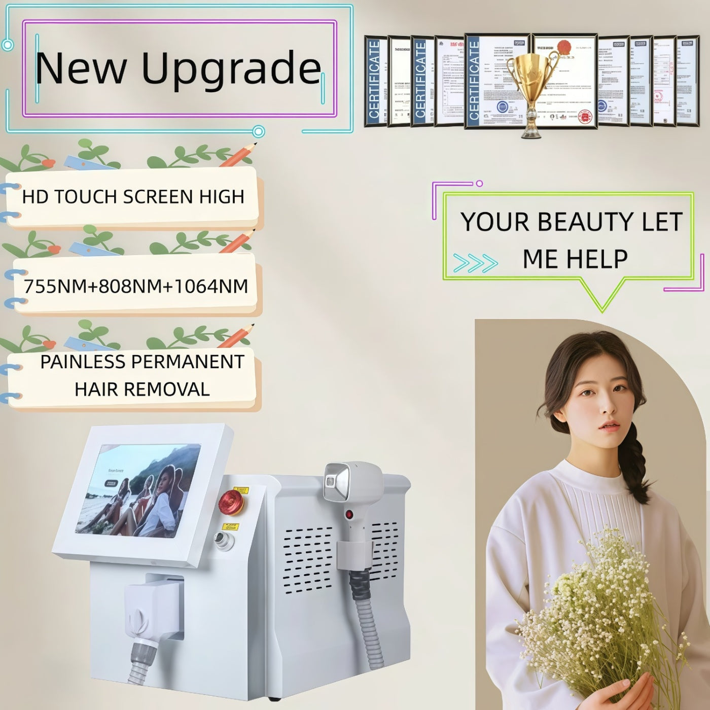 Best 3500W 3 Wavelength 808nm Diode Laser Hair Removal Machine 808nm Permanent, safe and painless, suitable for home and beauty salons