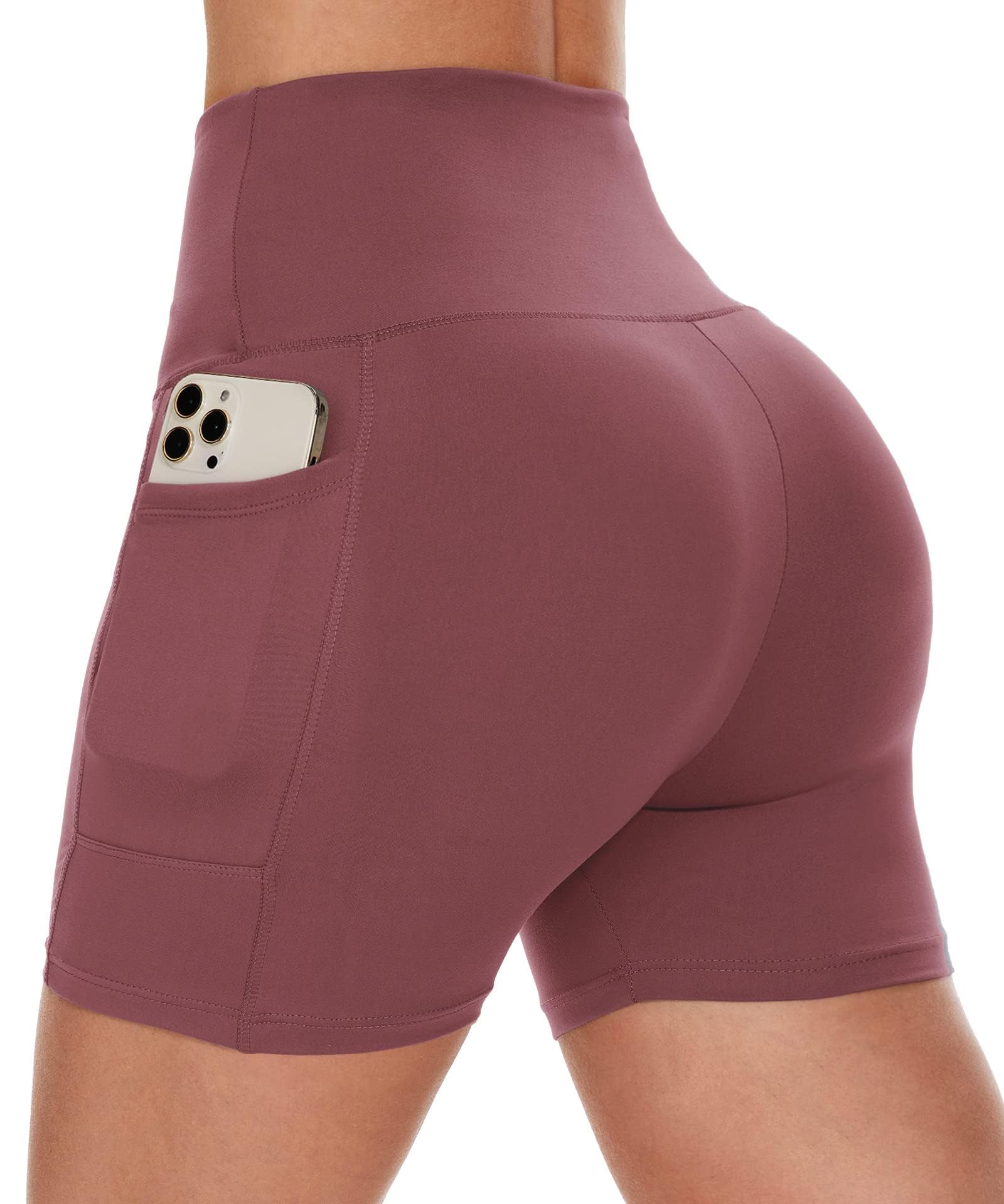 CAMPSNAIL Biker Shorts Women with Pockets - 3"-5"-8" High Waisted Workout Spandex Tummy Control Gym Running Yoga Shorts 5 IN Large-X-Large Dark Pink