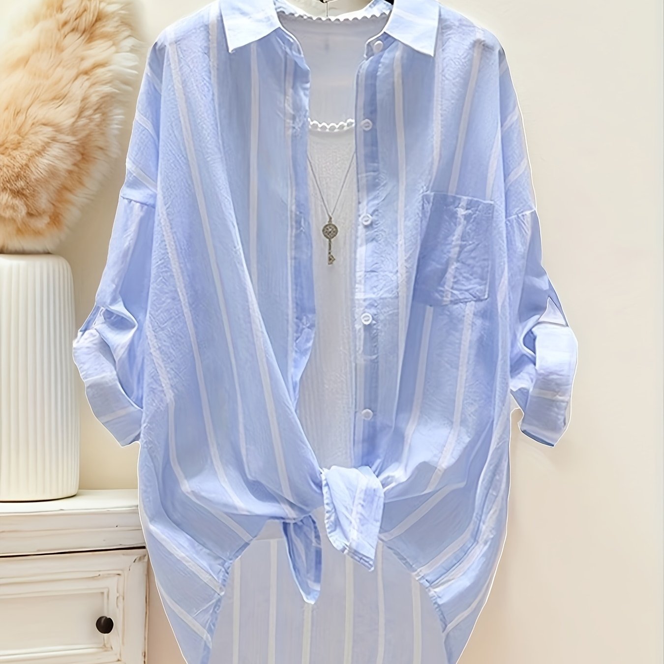 TEMU Women's Korean Style & White Striped Shirt Jacket - Long Sleeve Coat, Loose Fit Collar Blazer, Casual & Beachwear Outerwear (button-front,) -