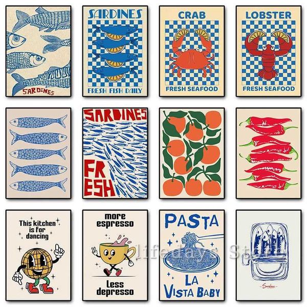 Retro Sardines Crab Lobster Poster Fish Print Tela pintando alimentos Fruit Wall Art Picture for Kitchen Restaurant Cafe Decor Y240808