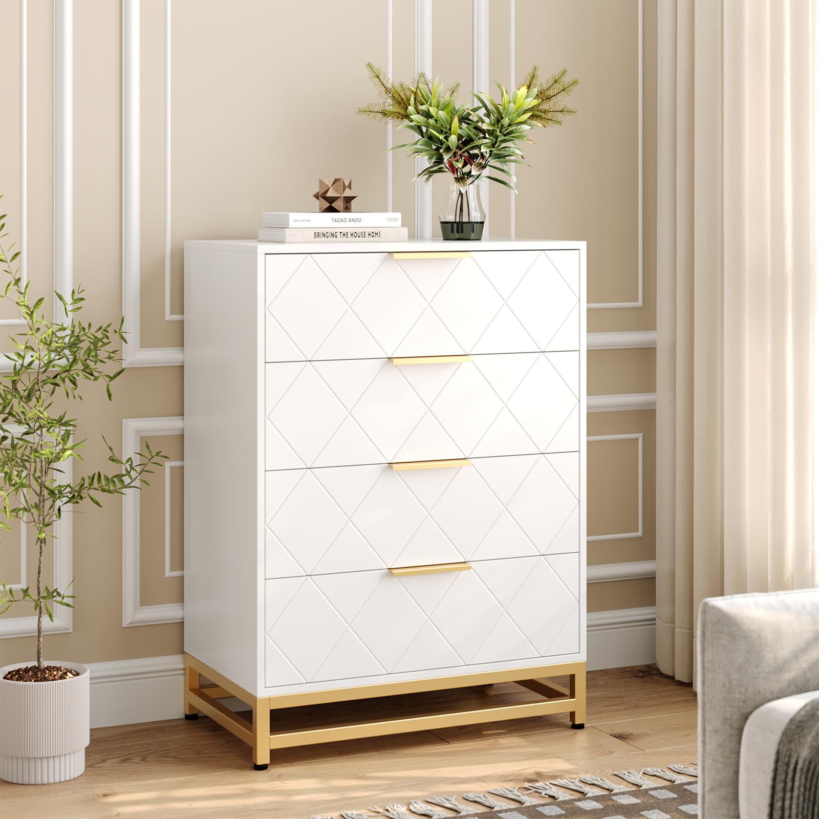 Garvee Dresser for Bedroom with 4 Drawer, TV Stand Dressers Chest of Drawers for Living Room Hallway Entryway, MDF Board, White