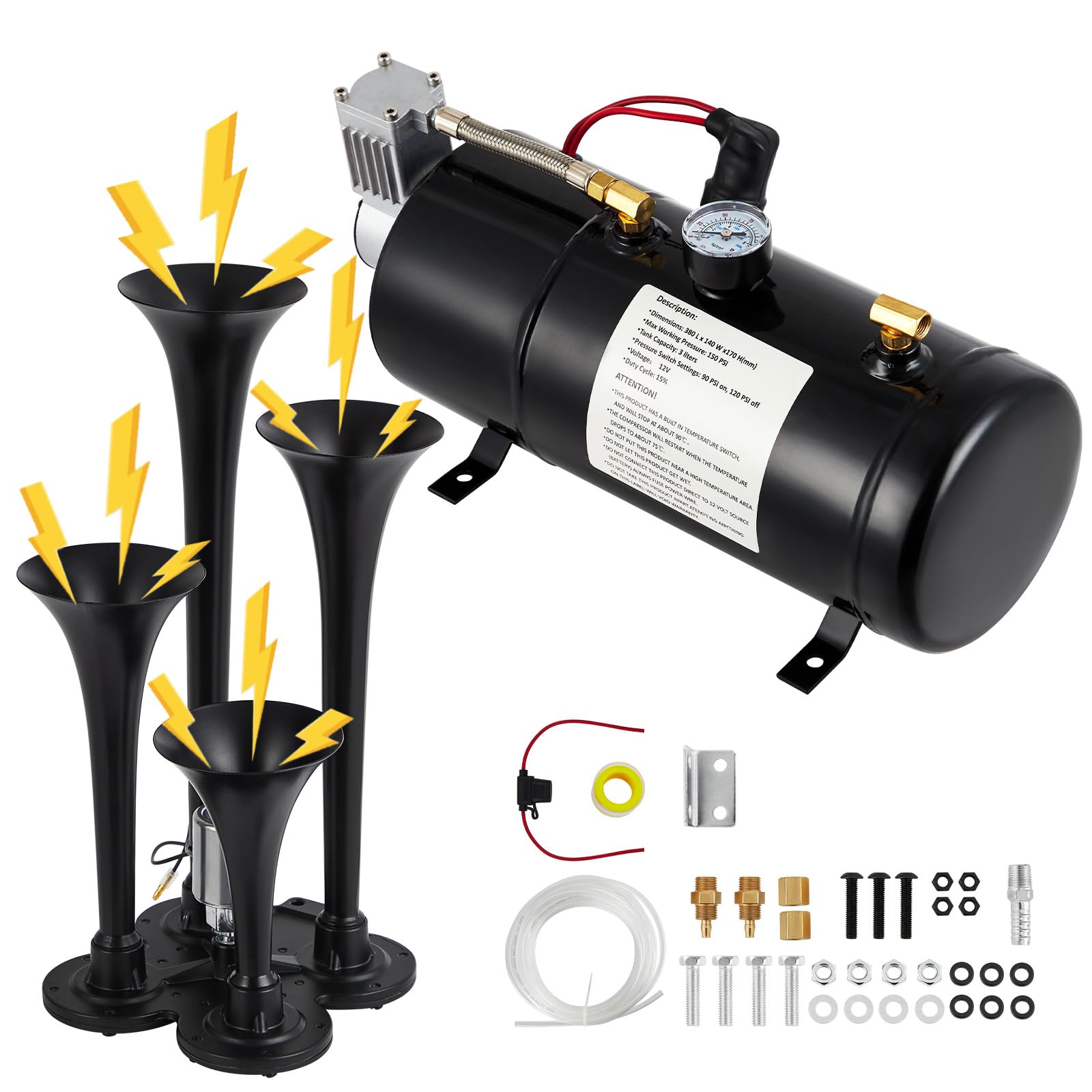 Garvee 150DB Train Horns Kit, 4 Trumpets Truck Air Horn Kit with 0.8 Gallon Tank & 120 PSI Air Compressor, 12V Train Horns for Pickup Trucks, Car, Mot