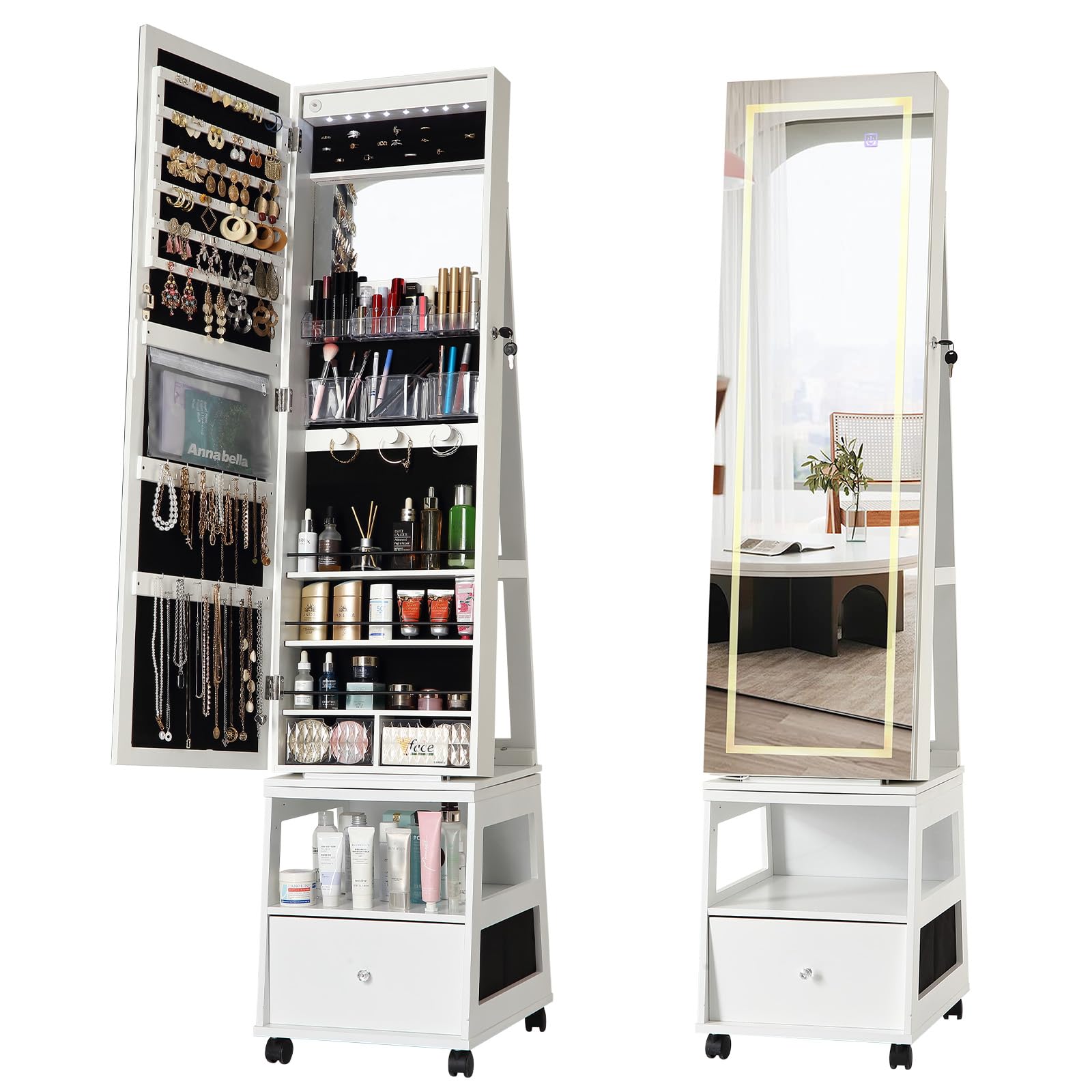 Garvee Jewelry Armoire with Led, 360° Swivel Jewelry Armoire with Full Length Mirror, Jewelry Storage, Bottom Drawer, Shelf, Wheels, Lockable Freestan