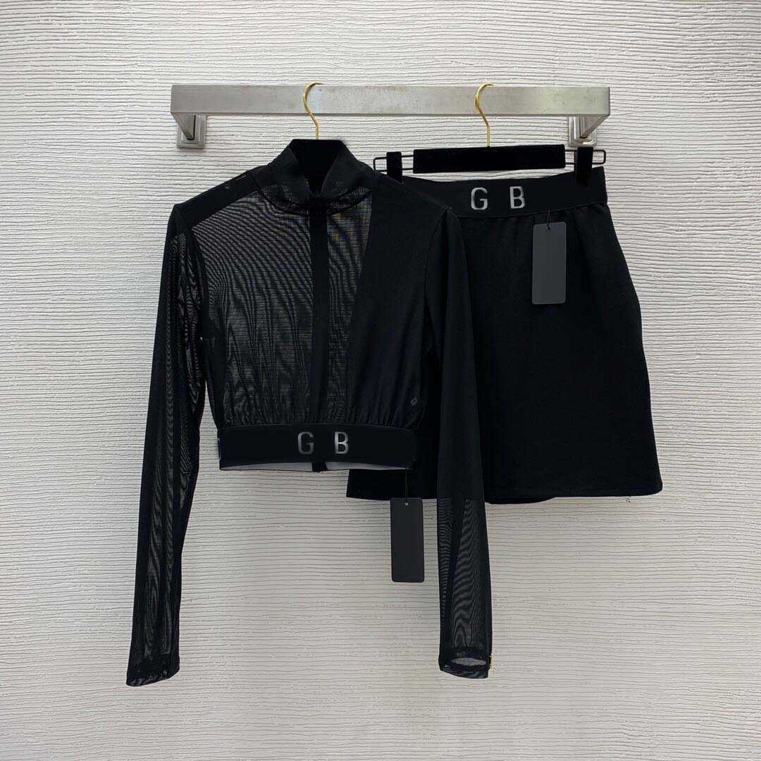 23ss skirt set women designer clothes fashion half-high collar with navel leakage short long-sleeved top high-waist A-line skirt short skirt suit Wo