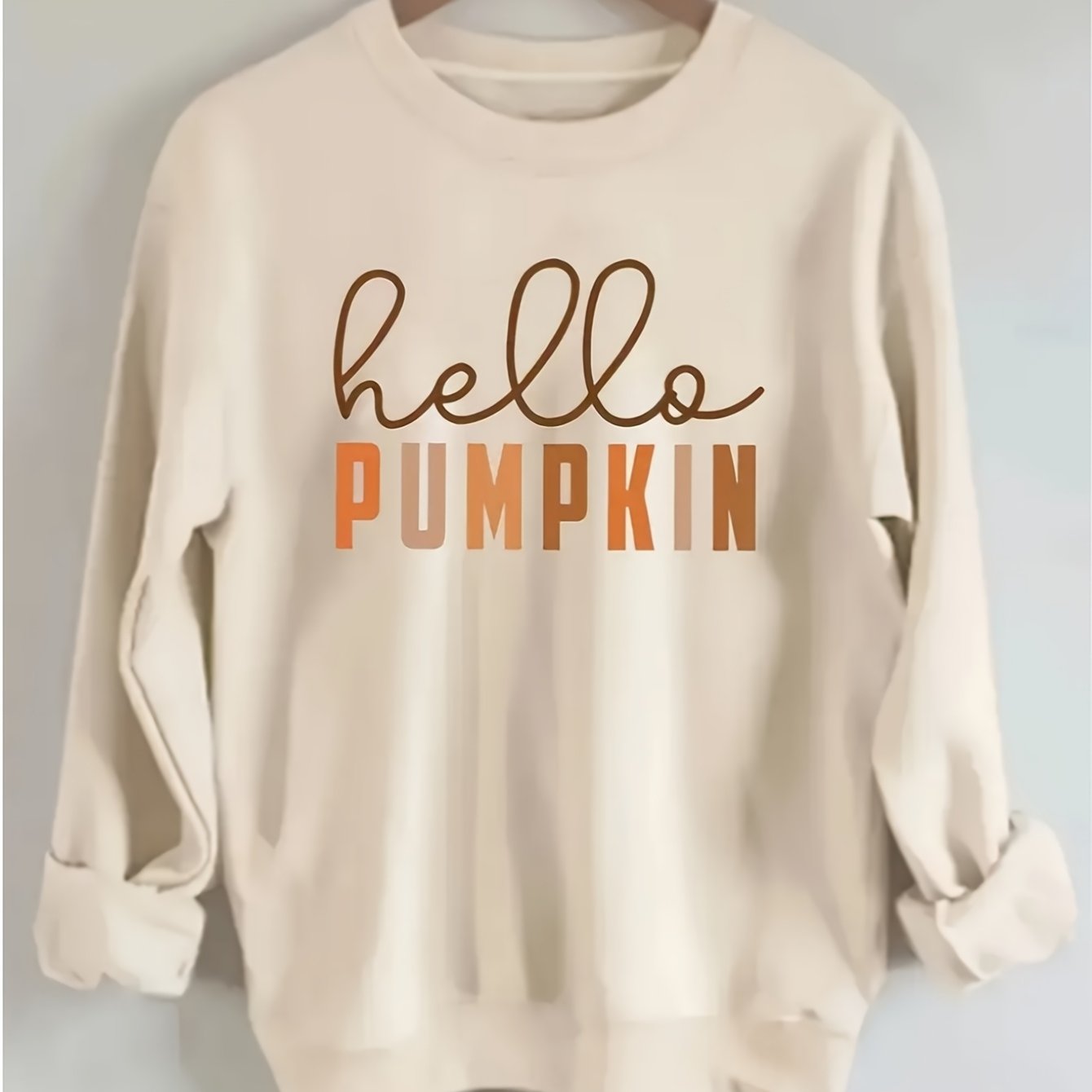 TEMU Women's - Beige & Orange "" Autumn Pullover, Long Sleeve Crewneck Sweatshirt For Halloween Party Outfits & Fall Casual Attire - Machine Washable