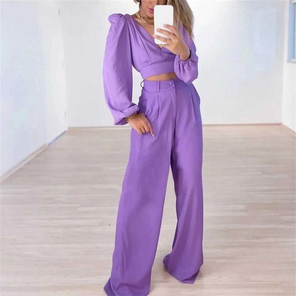 Women&#039;s Two Piece Pants Fall WomenS Casual Outfit V Neck Bubble Long Slved Shirt Backless Hollow Design Top Wide Leg Trousers Two Piece