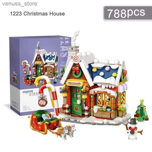 Blocks 1 Set of Christmas House Model Building Blocks DIY Santa Sleigh Puzzle Assembly Bricks Kids Toys Holiday Gifts Home Decoration R23120