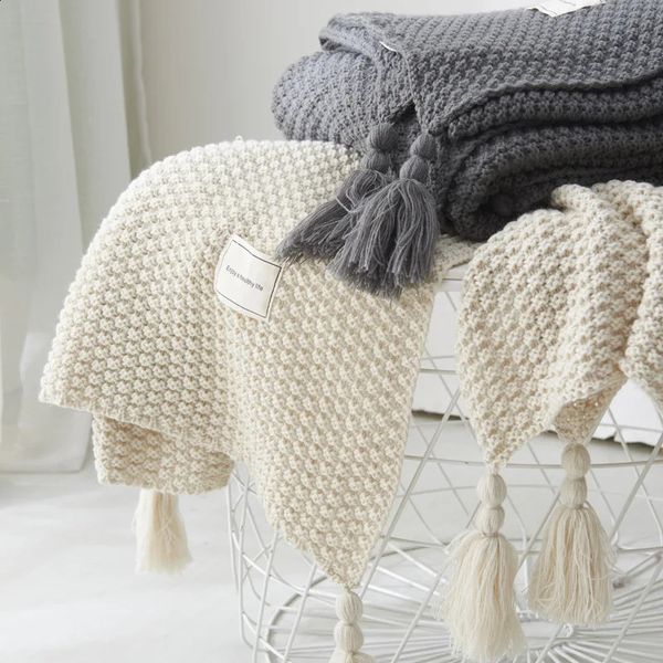 HOLAROOM Thread Blanket with Tassel Solid Beige Grey Coffee Throw Blanket for Bedroom Sofa Home Textile Fashion Knitted Blanket 250121
