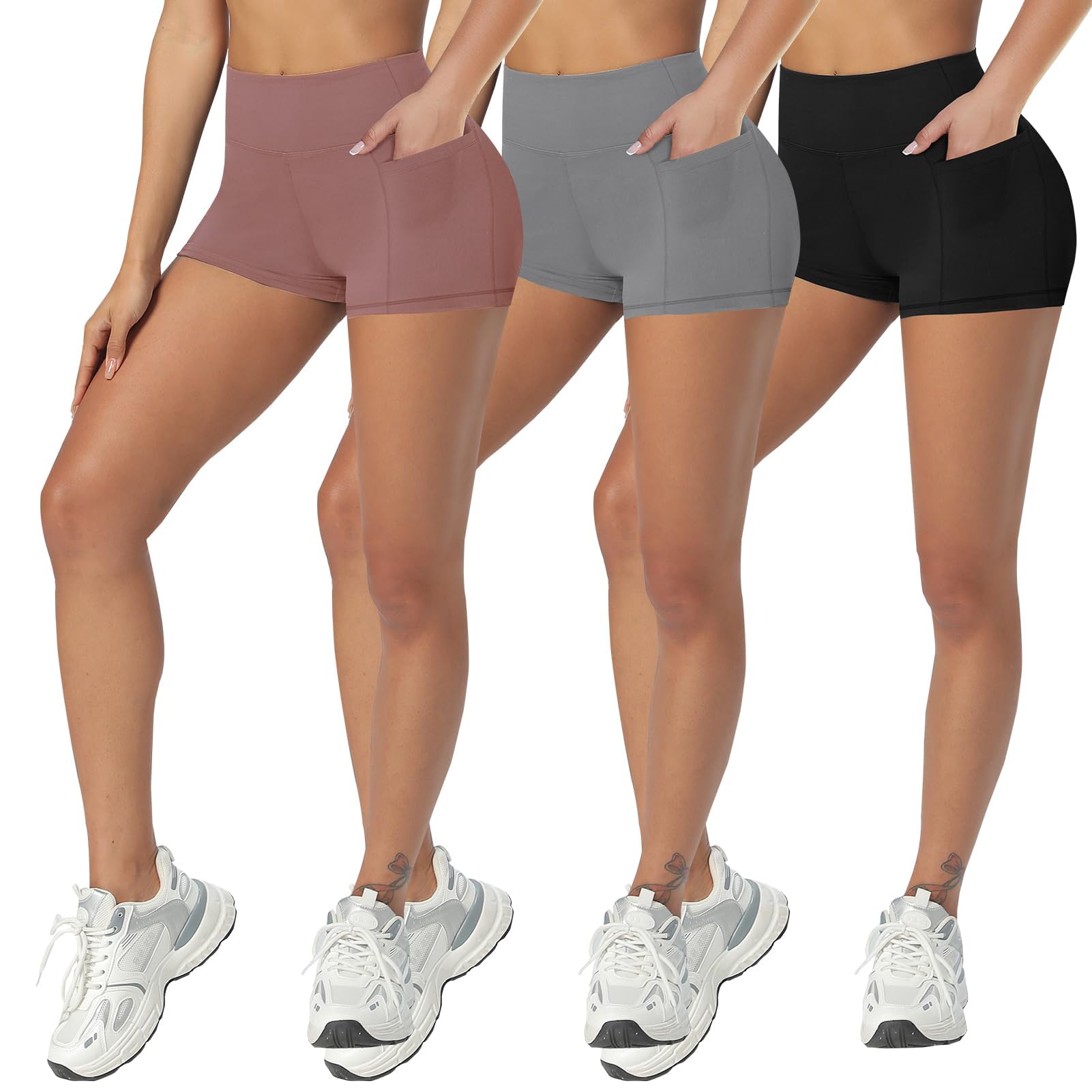 GAYHAY Biker Shorts for Women with Pockets - 8"-5"-3" Booty High Waisted Black Spandex Volleyball Short for Workout Yoga 3 IN Large-X-Large Black-Ligh