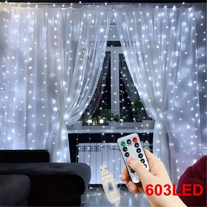 TEMU 602led Led Fairy Light Curtain, Usb Powered, Christmas Decoration Curtain Lights String Lights, Usb Powered, 8 String Lights With Remote,