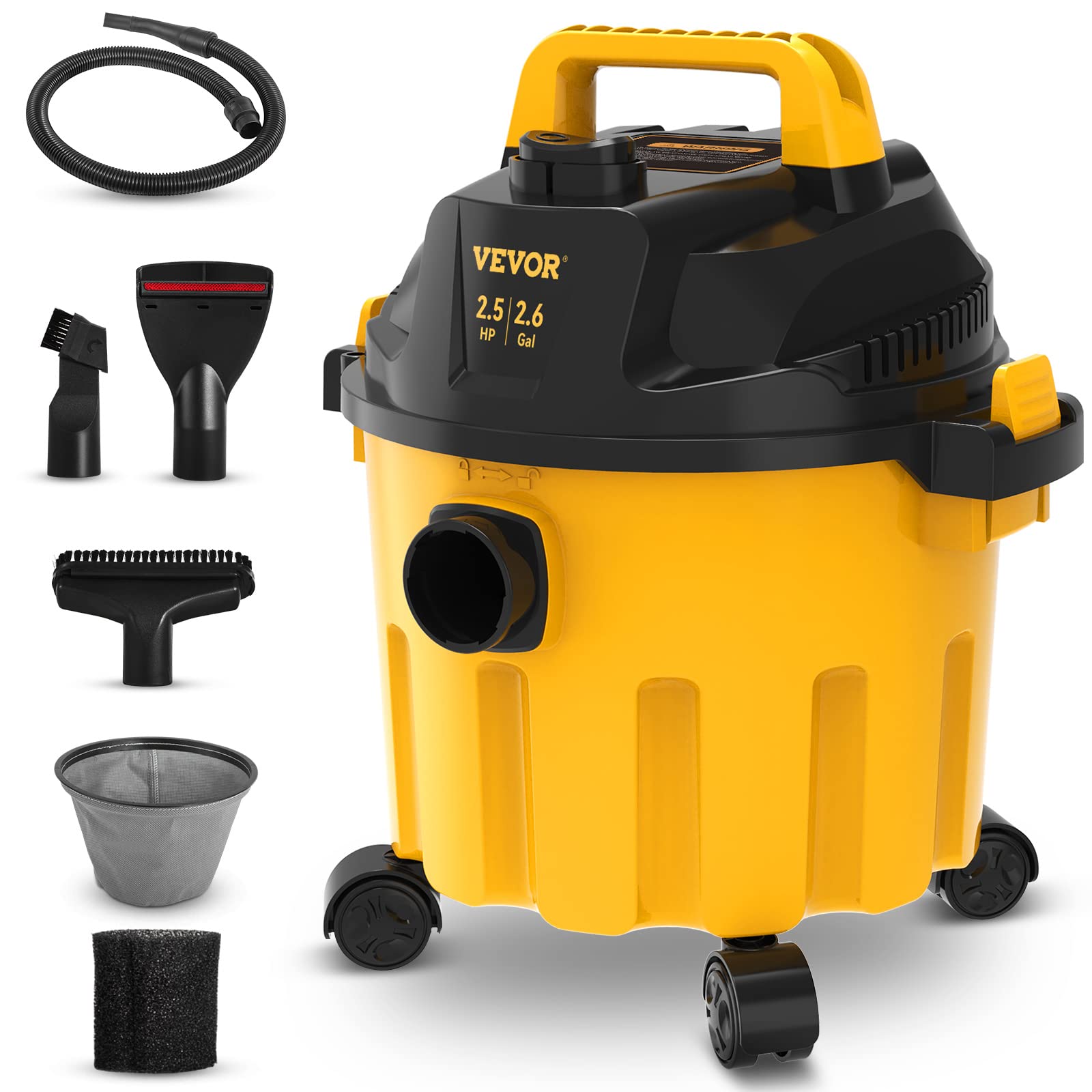 VEVOR Shop Vac Wet and Dry Vacuum Cleaner 2.6 Gallon 2.5 Peak HP - Powerful Suction with Blower Function & Attachments 3-in-1 Crevice Nozzle - Perfect