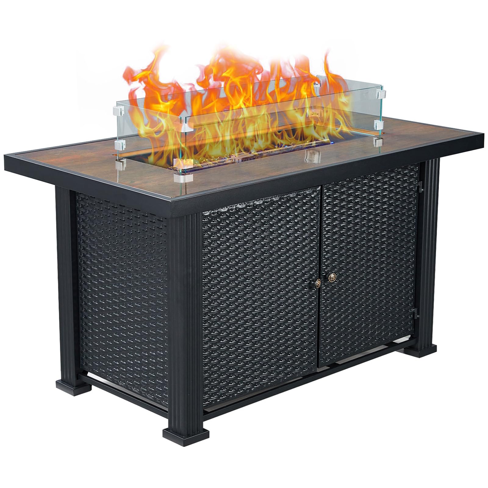 Garvee 44″ 50000BTU Propane Fire Pit Table, Rectangle Fire Table, Rattan Panel, Glass Wind Guard, Black Tempered Glass Tabletop, CSA Safety Certified,
