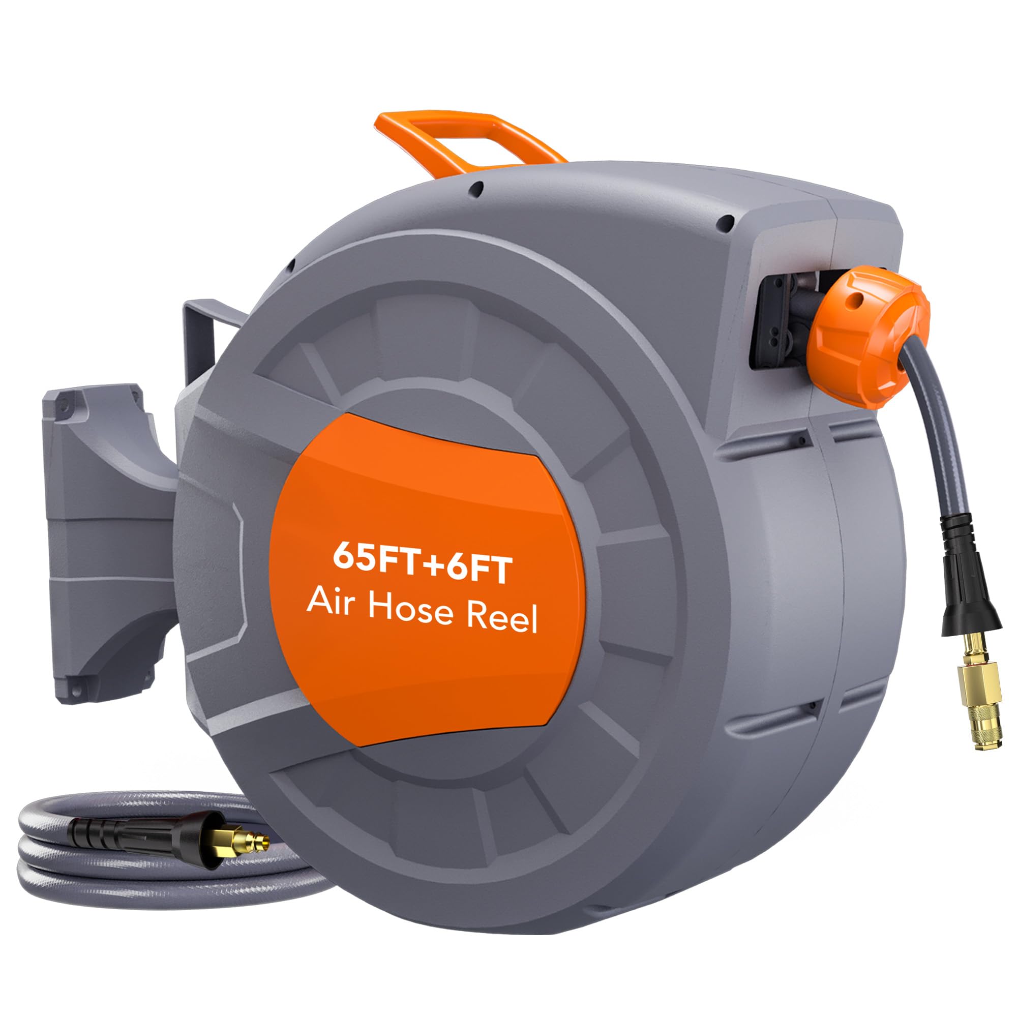 Garvee Retractable Air Hose Reel - 65 FT x 3-8 IN with 6 FT Lead in Max 300 PSI, 180° Swivel Bracket Wall Mount Hybrid Air Compressor Hose Reel with Q