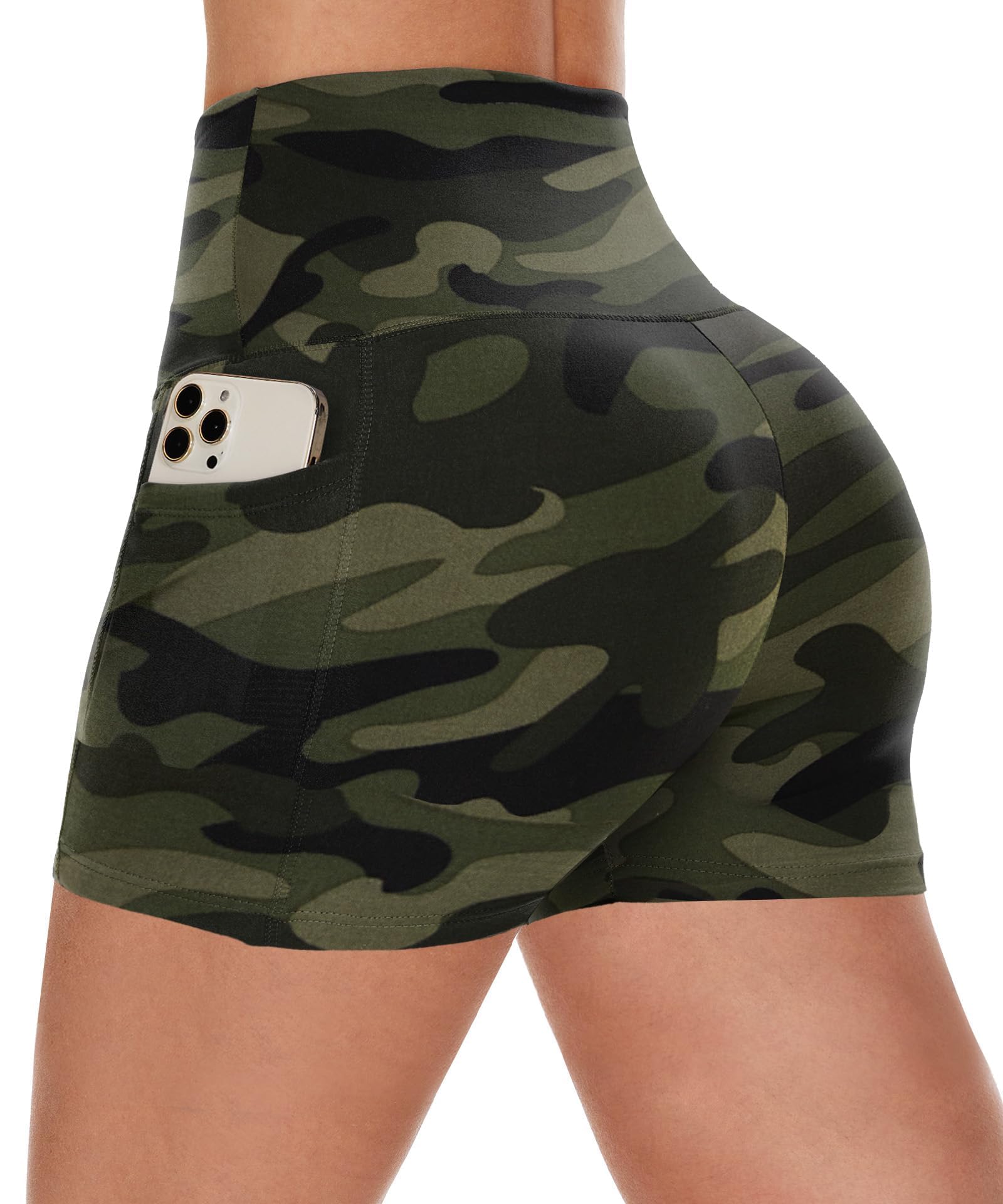 CAMPSNAIL Biker Shorts Women with Pockets - 3"-5"-8" High Waisted Workout Spandex Tummy Control Gym Running Yoga Shorts 3 IN Small-Medium Green Camo