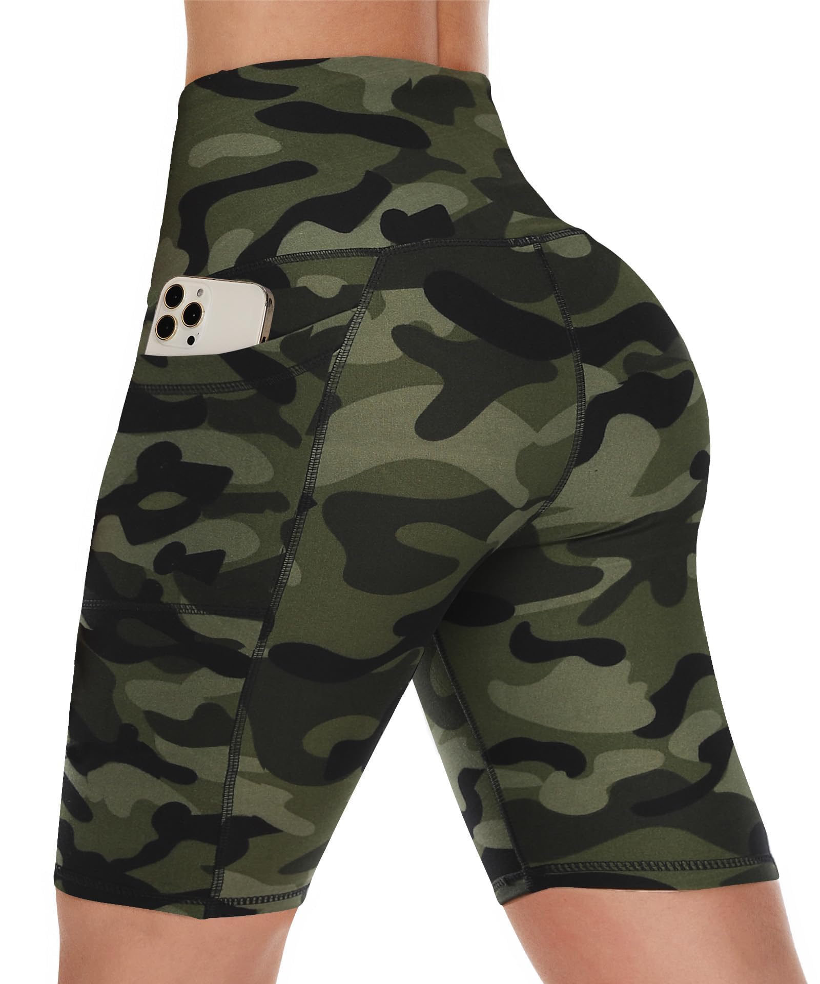 CAMPSNAIL Biker Shorts Women with Pockets - 3"-5"-8" High Waisted Workout Spandex Tummy Control Gym Running Yoga Shorts 8 IN Large-X-Large Green Camo