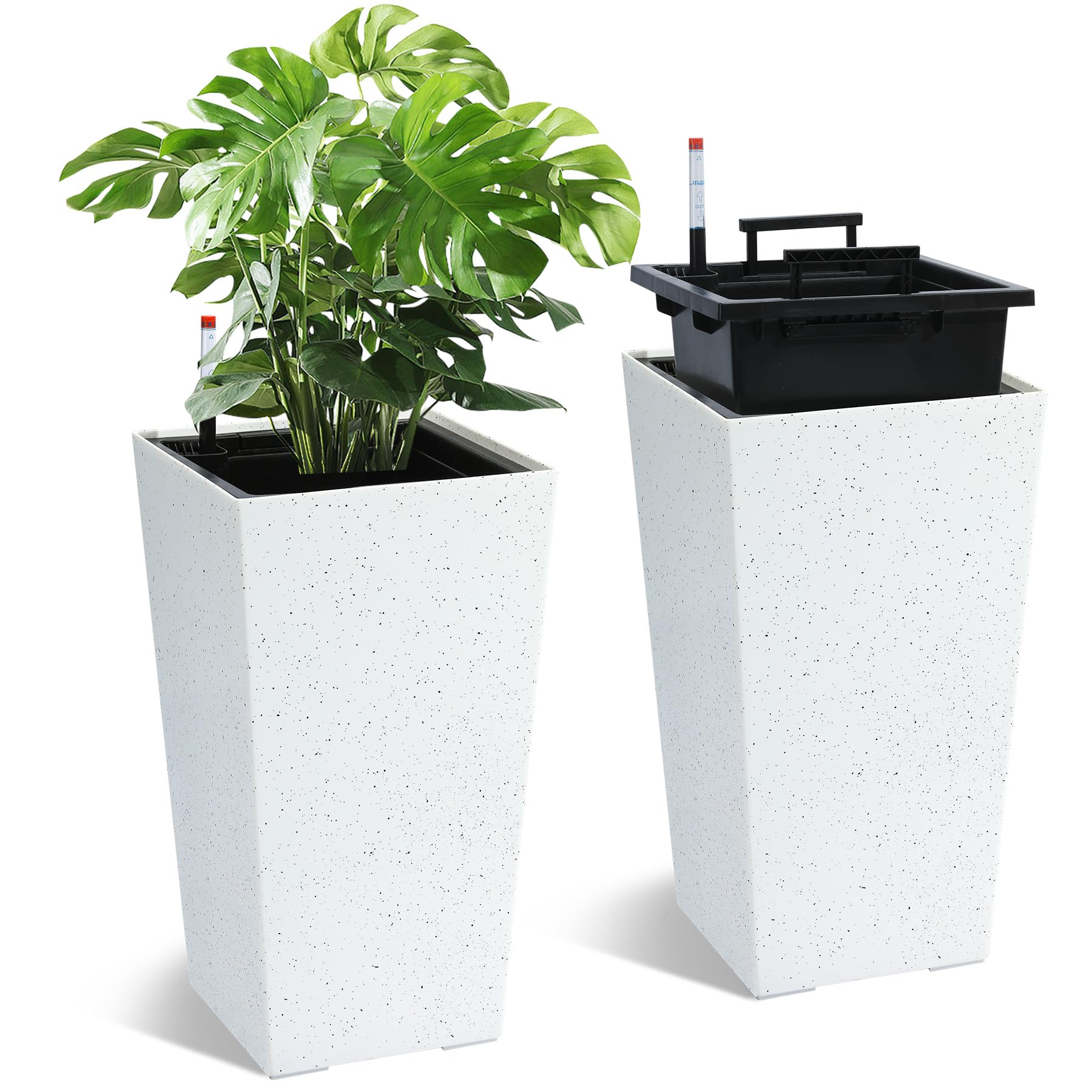 Garvee 21.6" Tall Rectangular Planters Set of 2 Large Modern Plant Pots with Drainage Holes＆Water Level Monitor＆Wheels Outdoor and Indoor for Patio, P