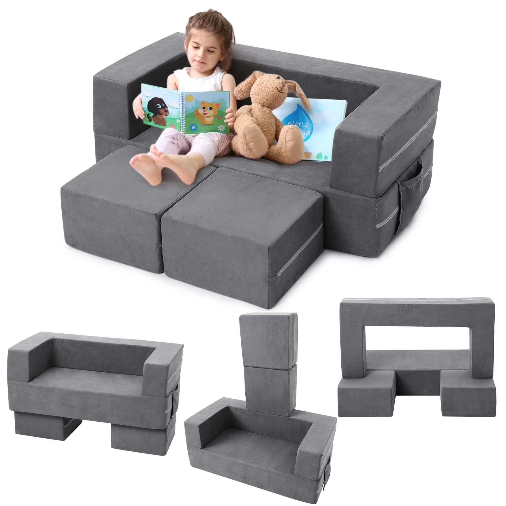 Garvee Kids Play Couch, 3Pcs Modular Kids Couch Toddler Couch for Playroom Bedroom Furniture, Convertible Foam Kids Play Sofa with Removable Cover, Da