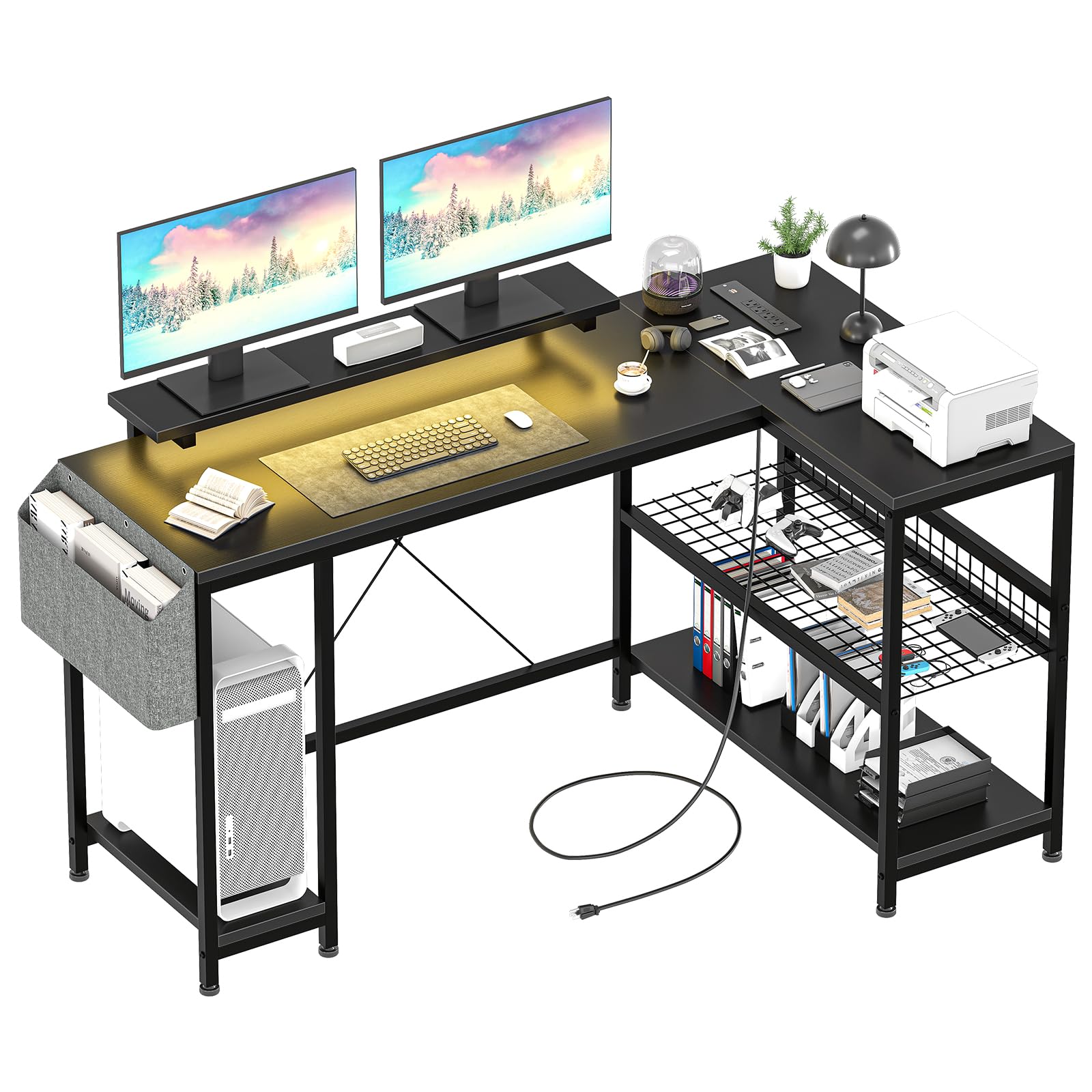 Garvee L Shaped Computer Desk with Power Outlets & LED Light, Reversible Corner Desk with Storage Shelves & Monitor Stand, MDF Board, Metal Frame, Hom