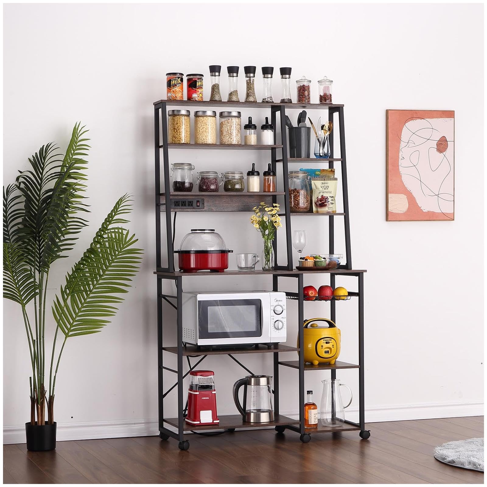 Garvee Kitchen Bakers Rack with Power Outlet, 6-Tier Microwave Stand, Coffee Bar Table, Wire Basket, MDF & Metal, Rustic Brown, for Spices, Pots, Pans