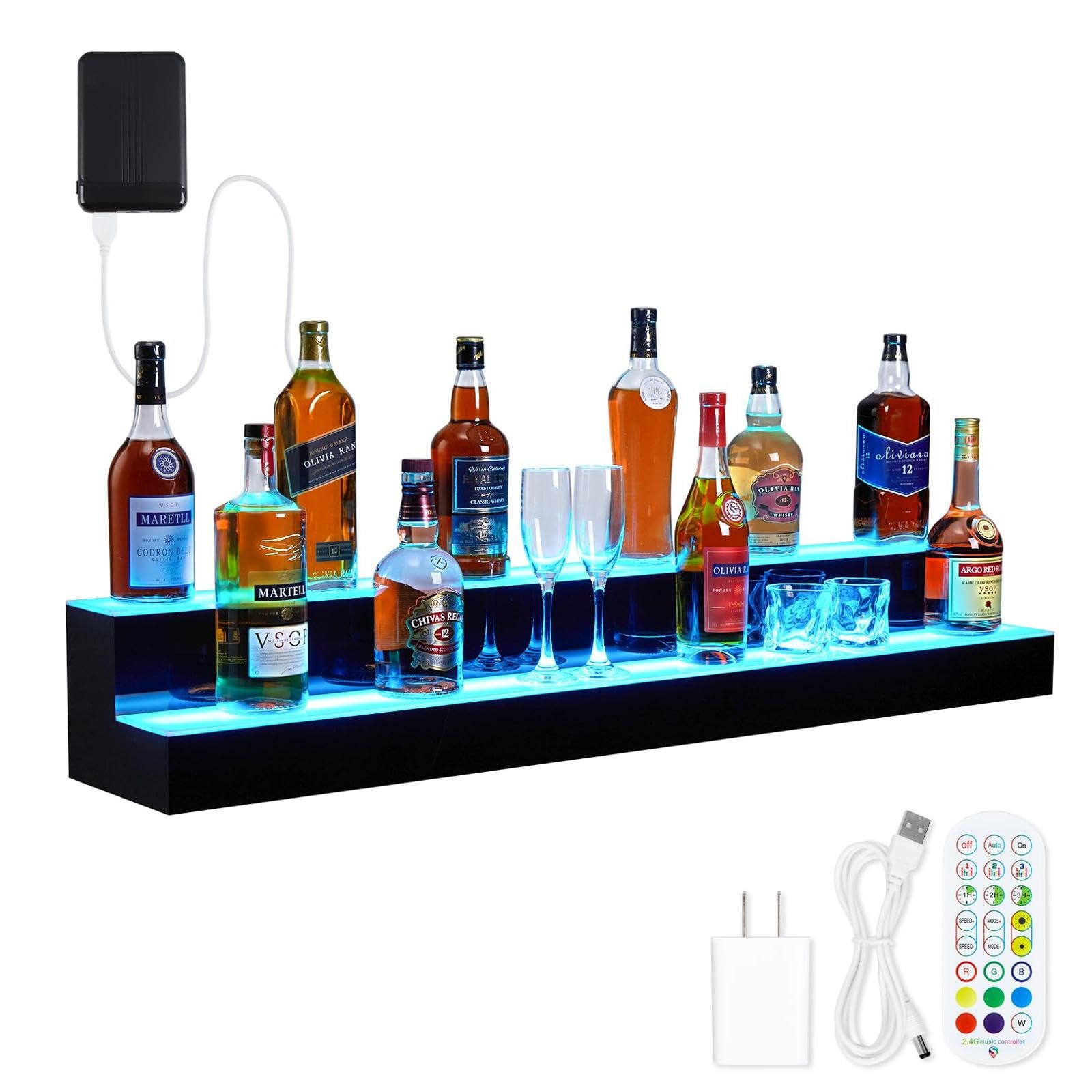 Garvee LED Lighted Liquor Bottle Display Shelf 48 Inch 2-Tier Acrylic Remote App Control 16 Colors 4 Modes for Bars Restaurants