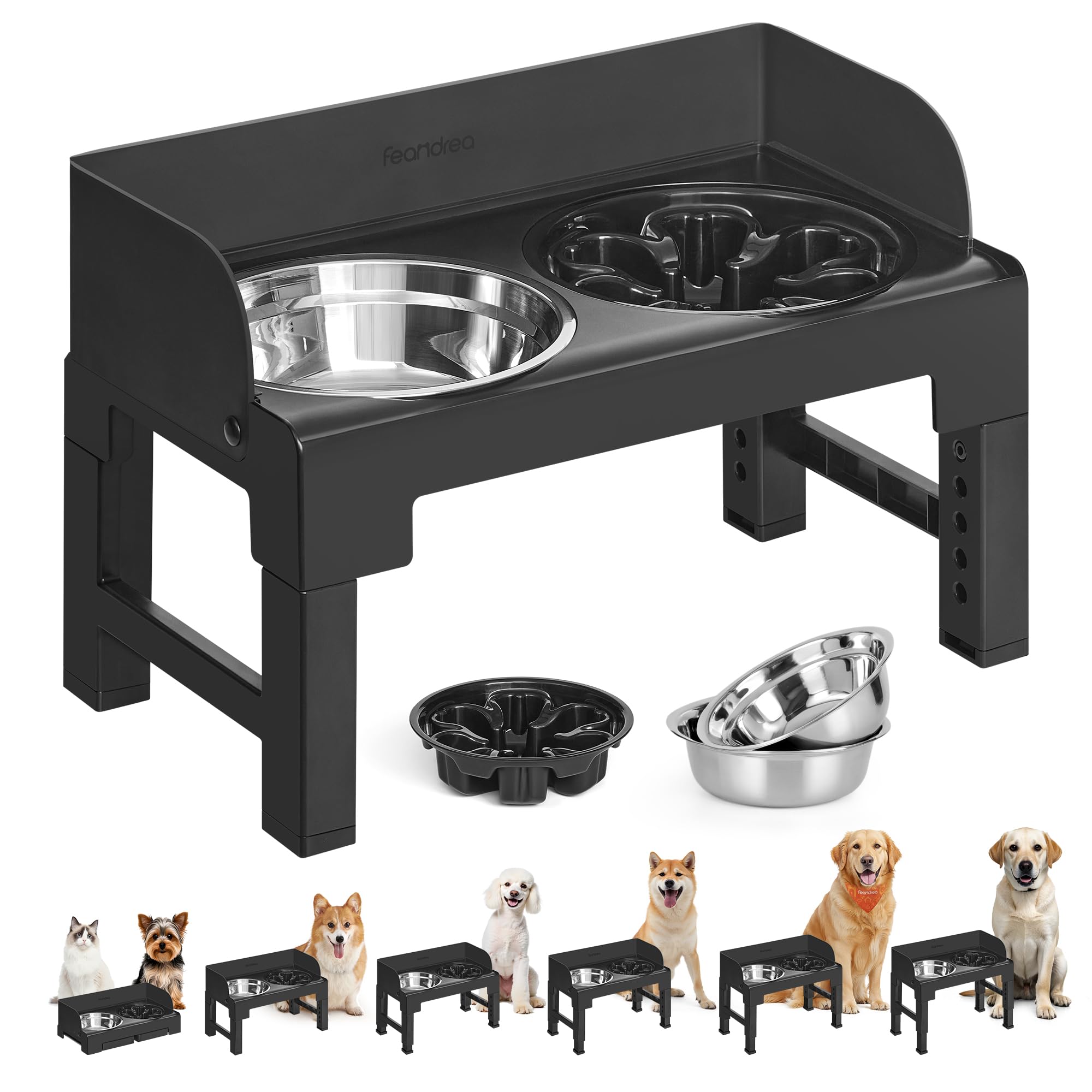 Feandrea Dog Bowls Elevated, Raised Stand with 1 Slow Feeder and Two 304 Stainless Steel Bowls, Adjustable Height and Tilted Design, Ink Black UPRB103
